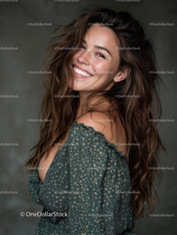 Joyful Woman with Long Wavy Hair Smiling Fashion Portrait