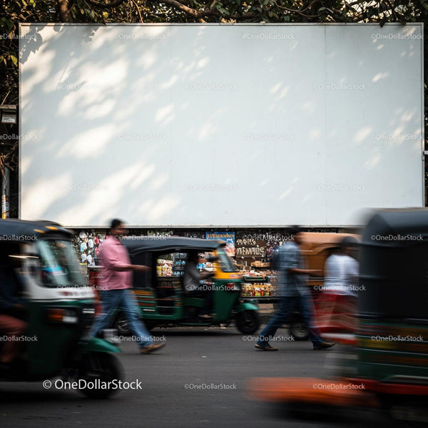 Busy street with auto rickshaws and pedestrians crossing JPG Mockup Image