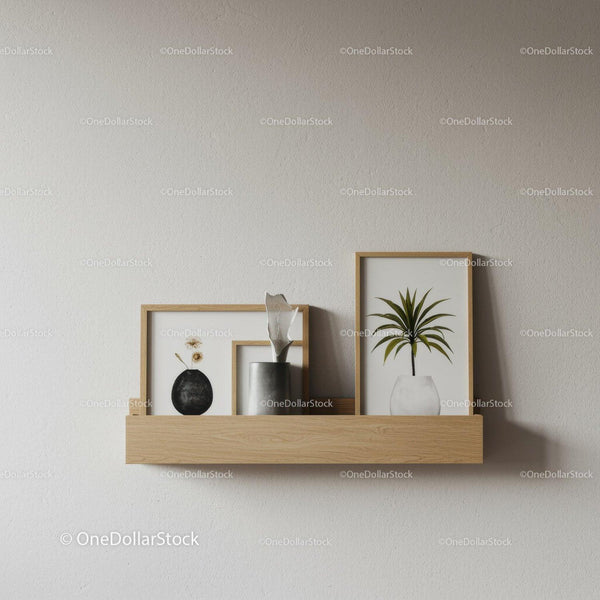 Stylish Wooden Shelf with Framed Botanical Prints and Houseplant