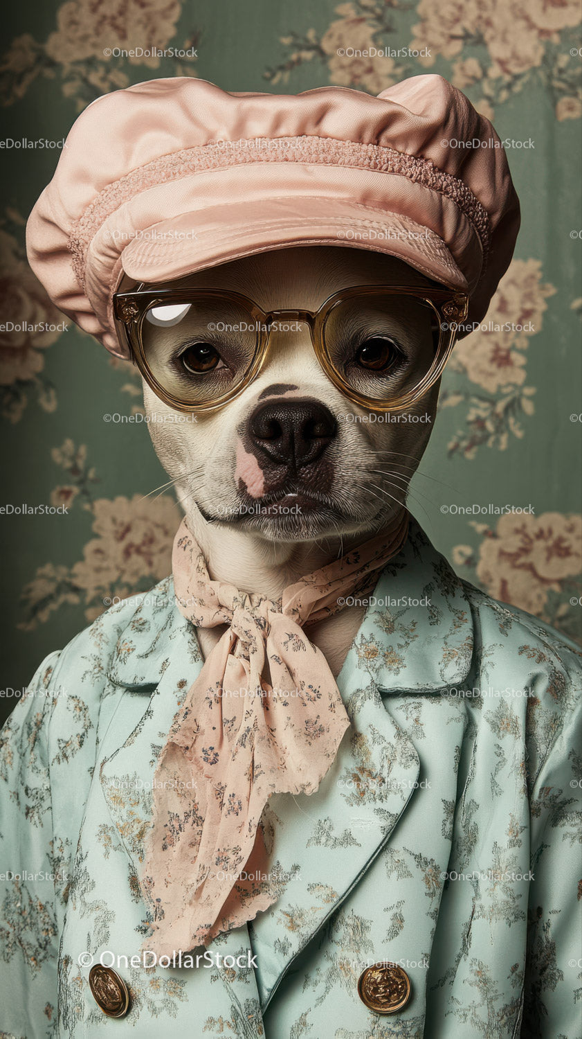 Dog dressed in stylish vintage clothing with glasses and hat
