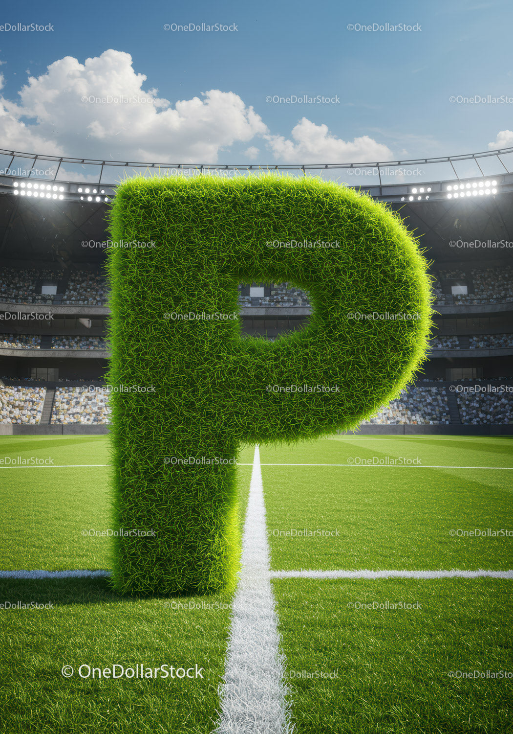 Zielona trawa z literą P na boisku piłkarskim na stadionie