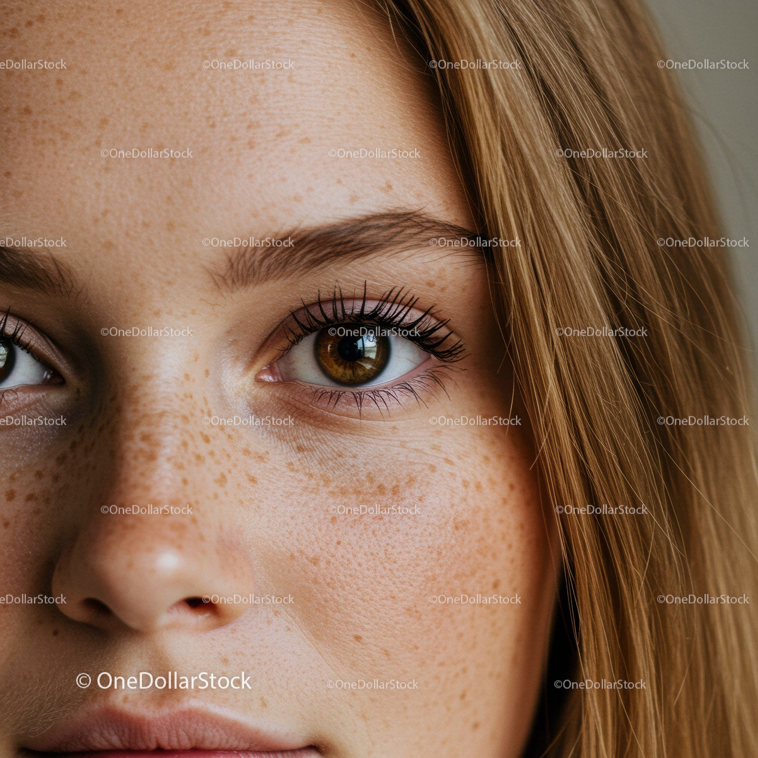 Close-up of freckled woman with hazel eyes and blonde hair
