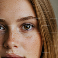 Close-up of freckled woman with hazel eyes and blonde hair