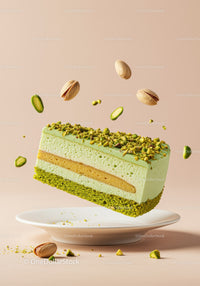 Slice of creamy pistachio mousse cake with nuts