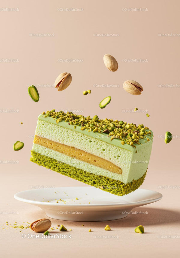 Kawałek kremowego ciasta musowego pistacjowego z orzechami