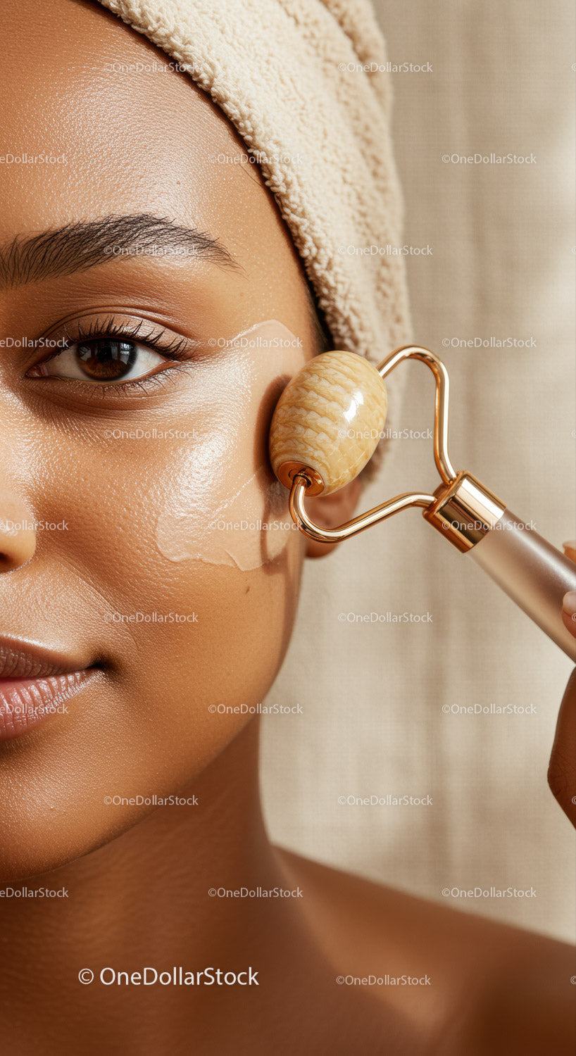 Close-Up of a Woman Using Facial Roller for Skin Rejuvenation