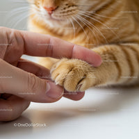 Close up of human finger holding ginger cat paw