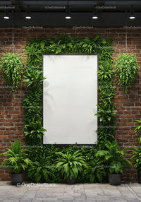 Modern brick wall with green plants and blank frame