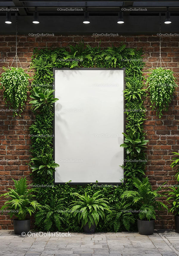 Modern brick wall with green plants and blank frame JPG Mockup Image