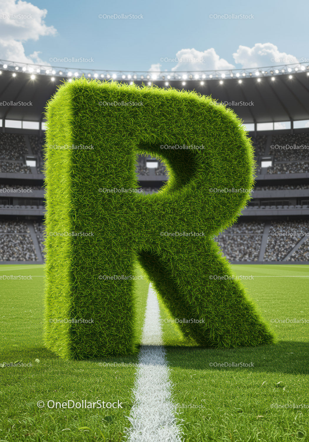 Large Grass Letter R on Soccer Stadium Field