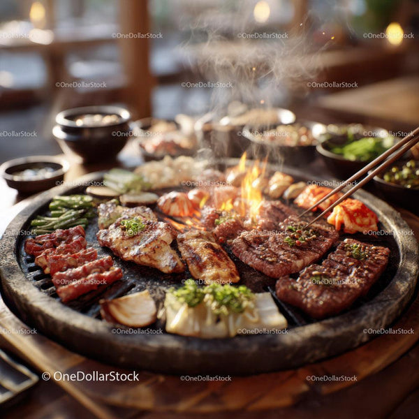 Juicy Korean Barbecue Meal with Grilled Meat and Vegetables
