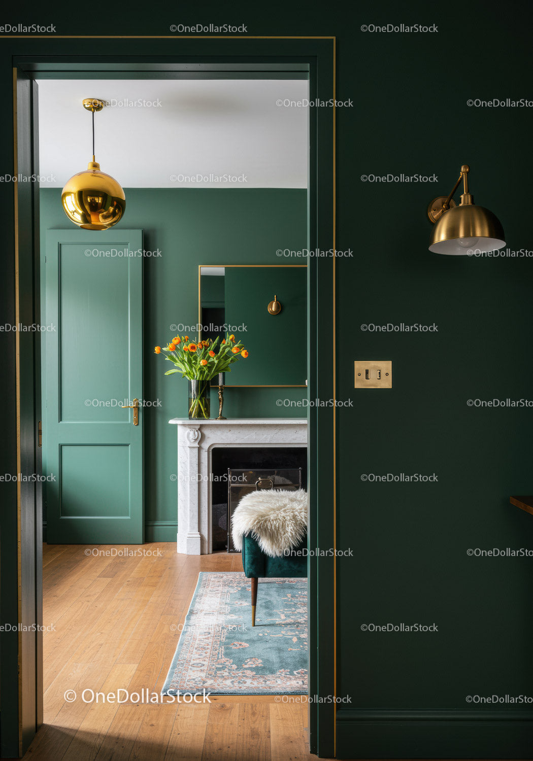 Elegant Emerald Green Interior with Gold Accents and Cozy Fireplace
