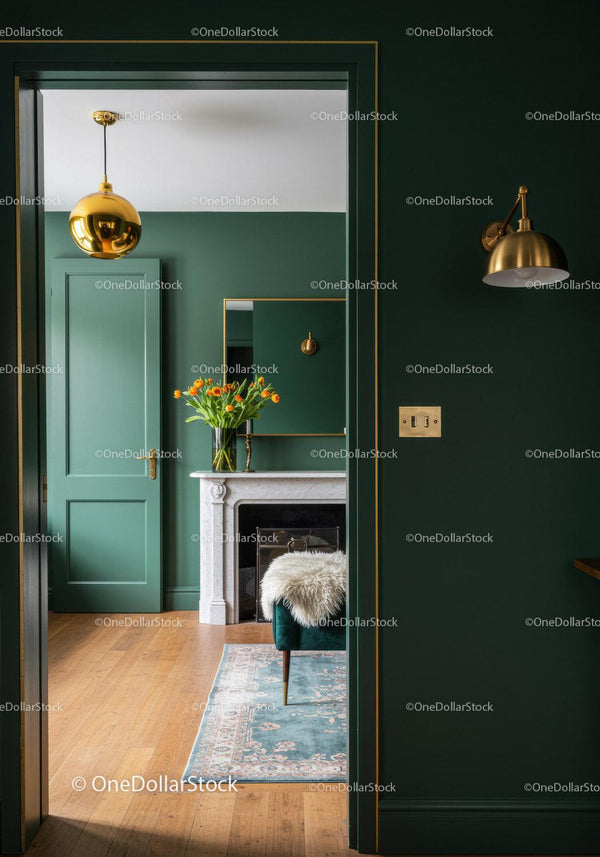Elegant Emerald Green Interior with Gold Accents and Cozy Fireplace