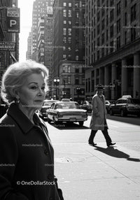 Urban City Street Scene with Older Woman and Vintage Car in Black and White
