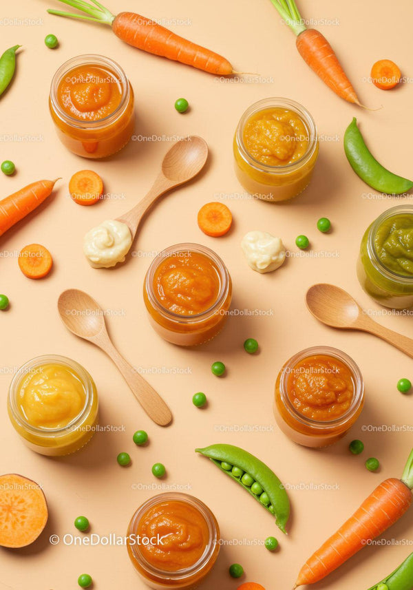 Fresh vegetable purees with carrots and peas on beige