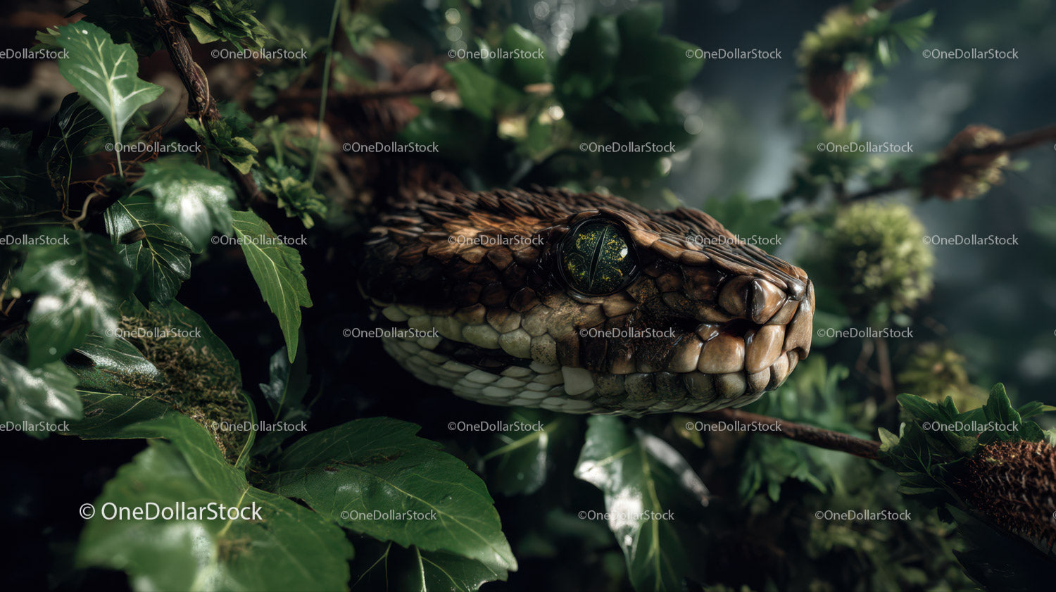 Close-up of a Camouflaging Snake Hidden Among Green Forest Leaves