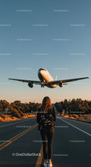 Female Traveler Waiting on Roadside as Airplane Flies Over Scenic Highway