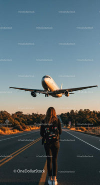 Female Traveler Waiting on Roadside as Airplane Flies Over Scenic Highway