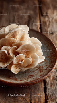 Fresh Oyster Mushrooms on Rustic Wooden Plate for Healthy Cooking
