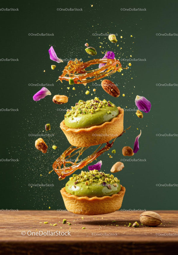 Green pistachio tarts with caramel and flower petals