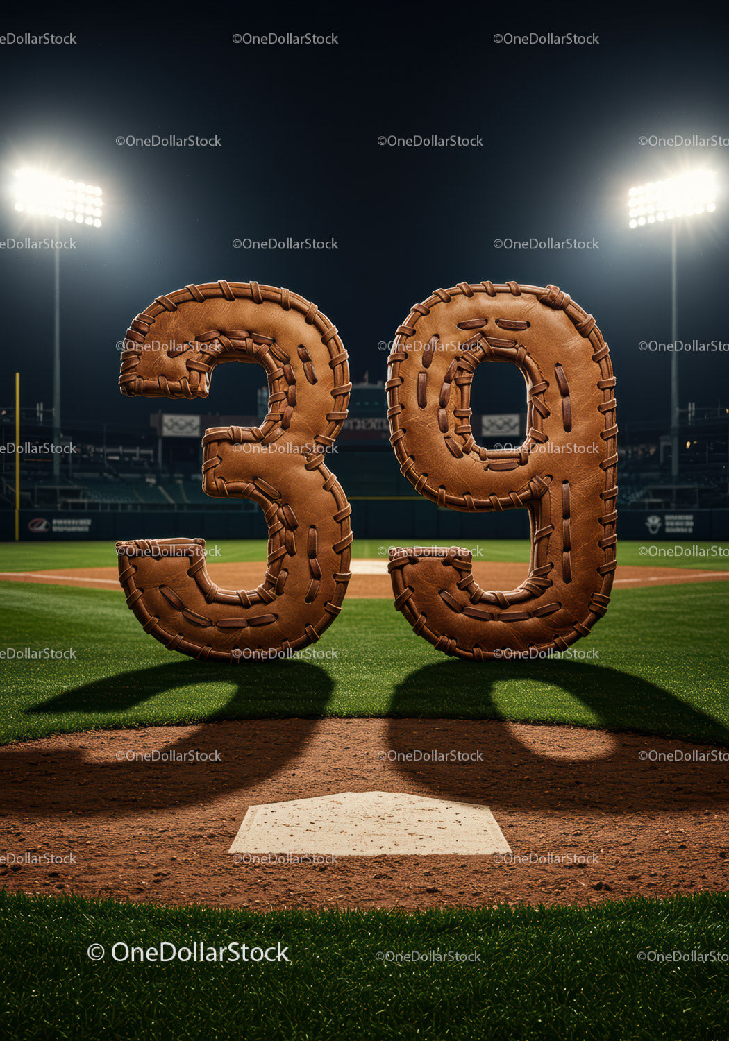 Leather Baseball Numbers 39 on Field at Night