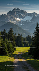 Majestic Snow-Capped Mountain Peaks with Pine Forest and Mountain Trail