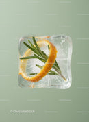 Frozen ice cube with rosemary and orange peel