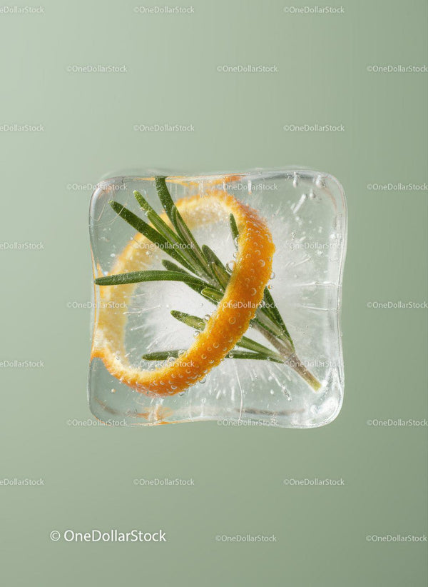 Frozen ice cube with rosemary and orange peel