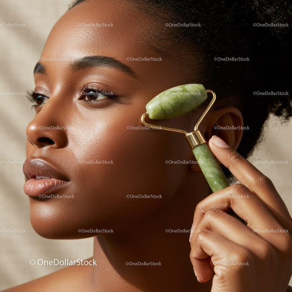 Elegant Woman Using Jade Roller for Facial Massage with Calm Expression