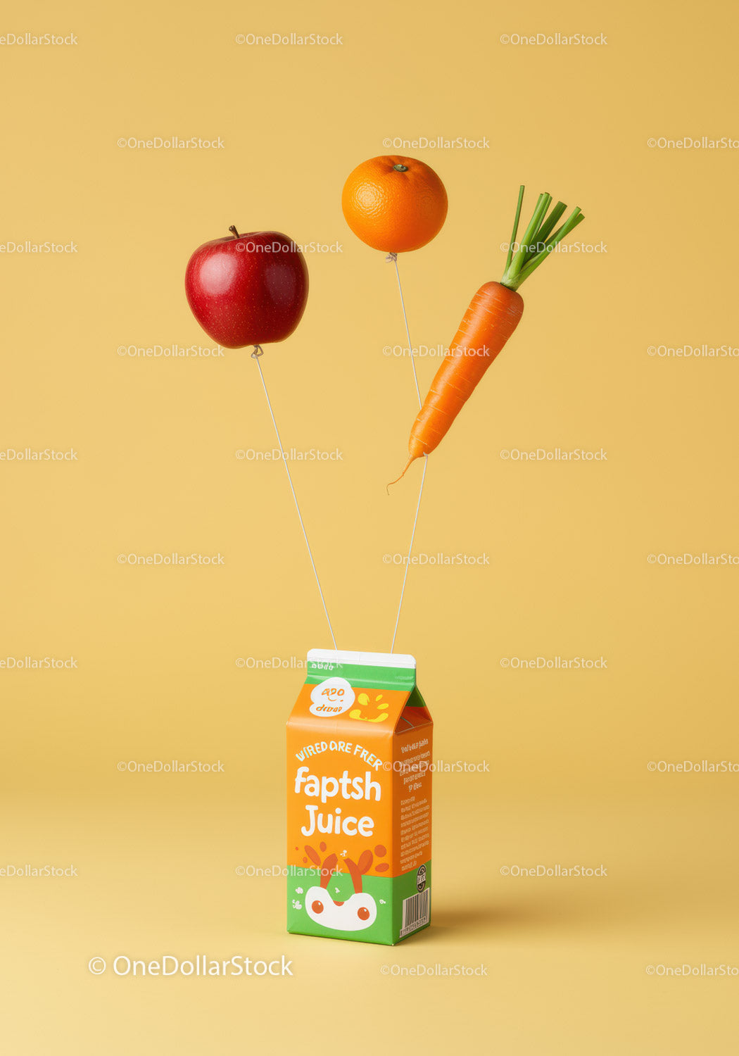 Fresh fruit and vegetable balloons above juice carton