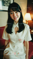Young Woman Smiling in Elegant Cream Dress with Floral Embroidery