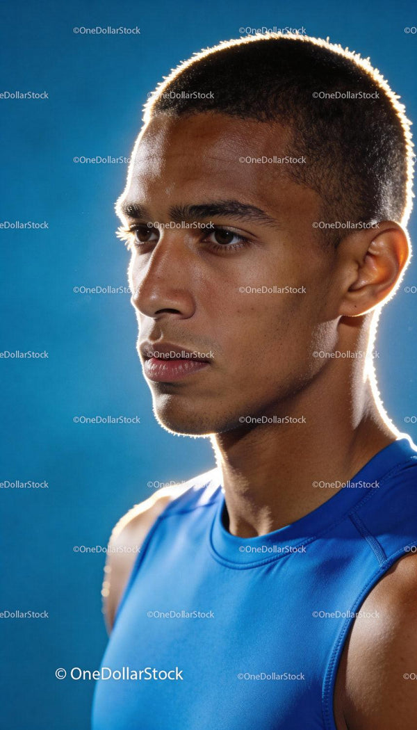 Focused young male athlete in blue sportswear