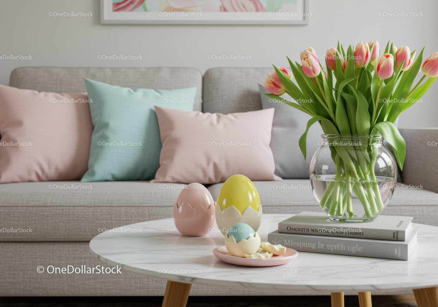 Spring tulips and pastel decor in modern living room