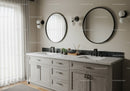 Modern Bathroom Vanity with Round Mirrors and Black Wall Sconces