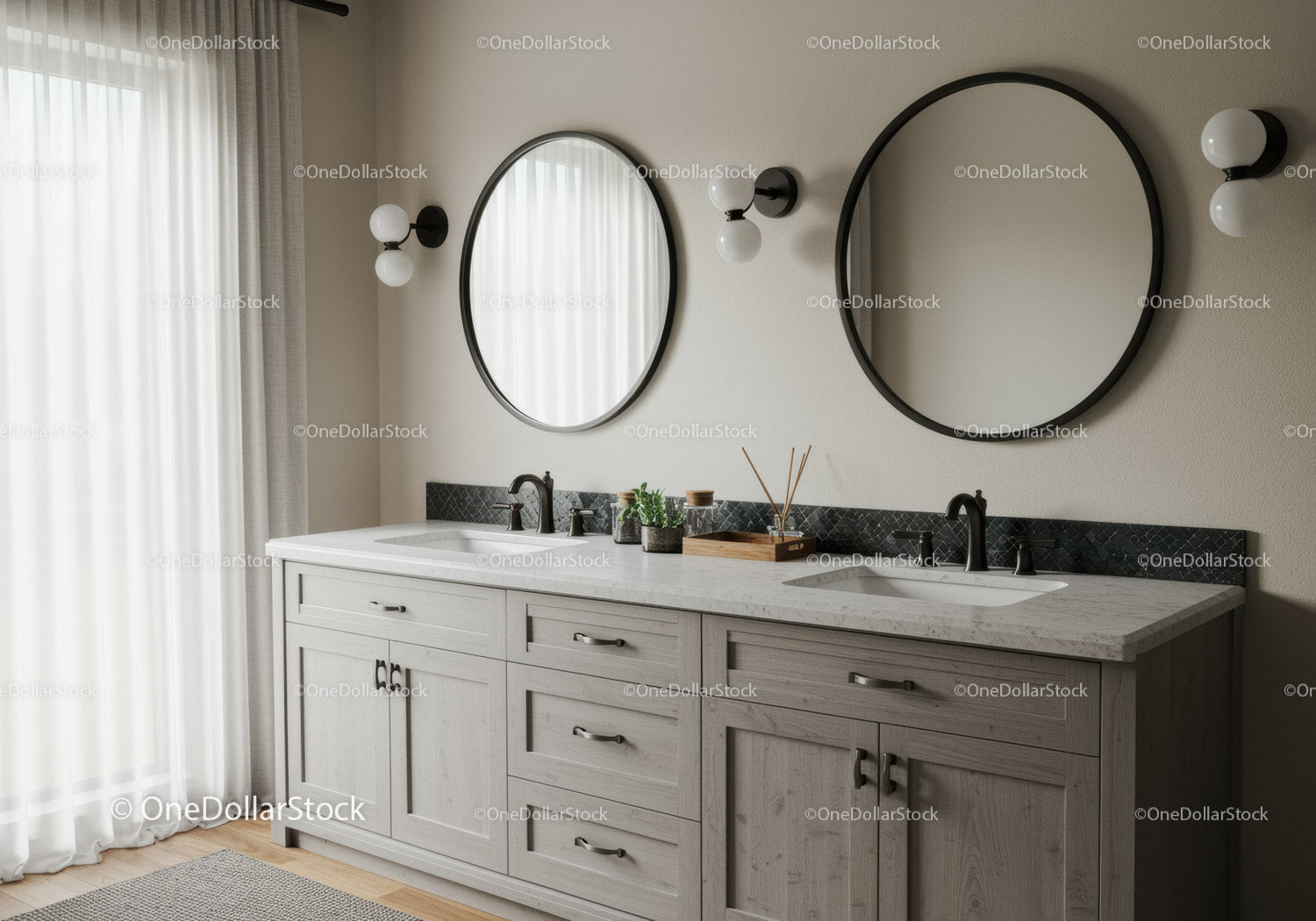 Modern Bathroom Vanity with Round Mirrors and Black Wall Sconces