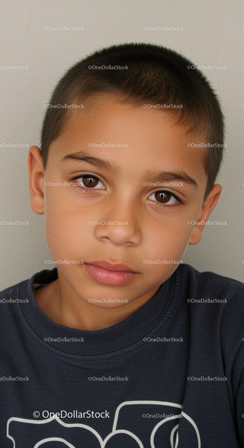 Young boy with serious expression in close-up portrait