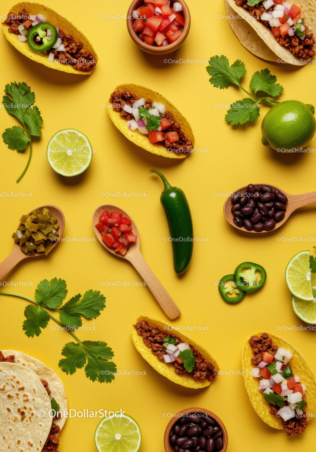 Różne tacos ze świeżymi składnikami na żółtym tle