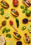 Assorted tacos with fresh ingredients on yellow background