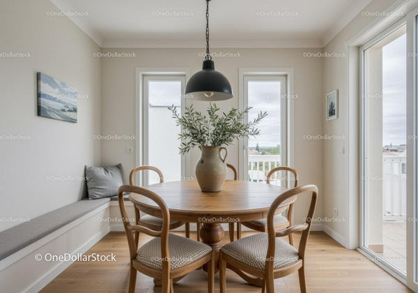 Cozy dining nook with wooden table and natural light