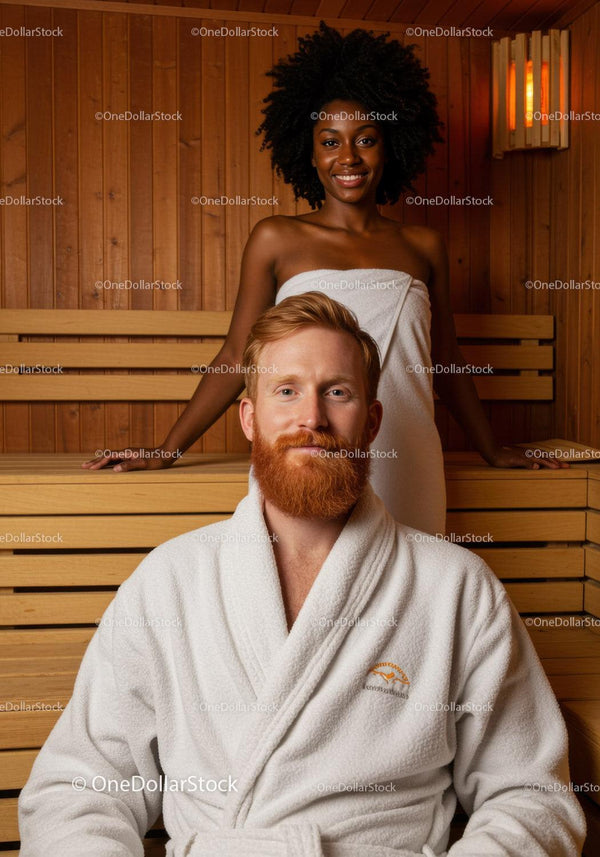 Relaksująca sesja w saunie spa z szczęśliwą parą w drewnianym wnętrzu