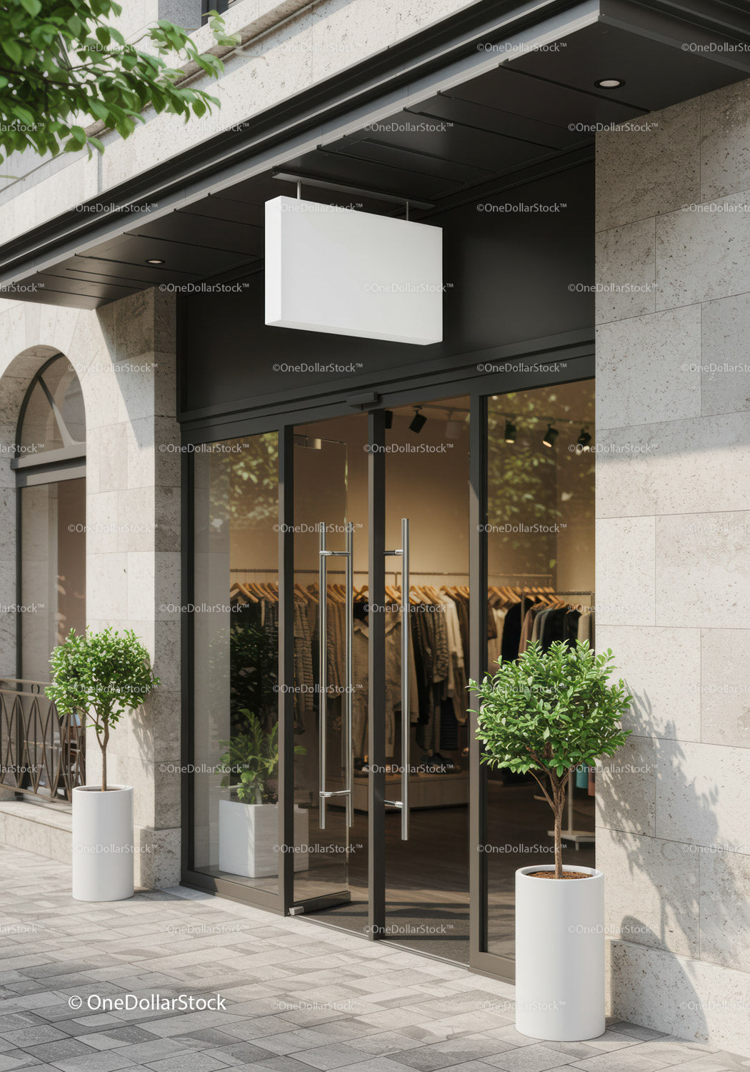 Modern Clothing Store Entrance with Glass Doors and Plants