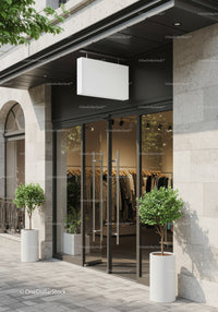 Modern Clothing Store Entrance with Glass Doors and Plants