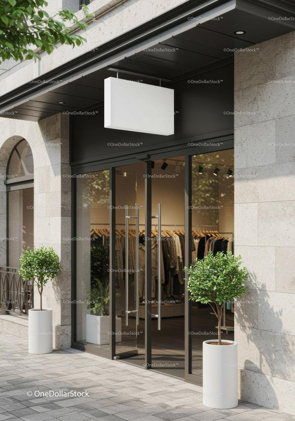Modern Clothing Store Entrance with Glass Doors and Plants JPG Mockup Image