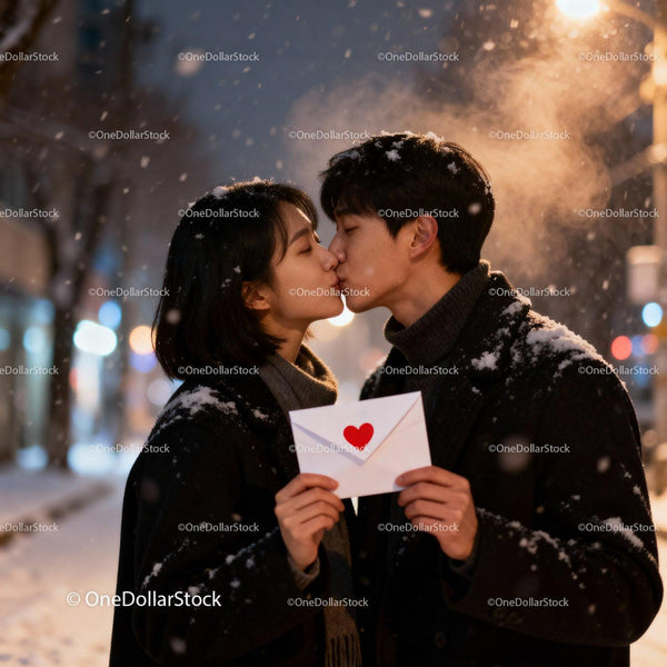 Couple sharing a kiss holding a Valentine’s love letter