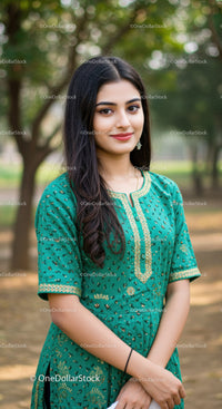 Young Woman in Elegant Green Traditional Dress Standing in Park Outdoors