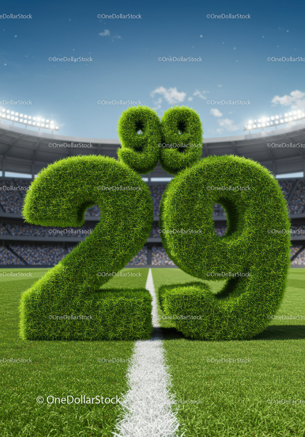 Grass covered numbers 29 and 99 on football field