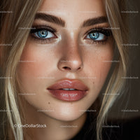 Close-Up Portrait of a Beautiful Woman with Blue Eyes and Freckles