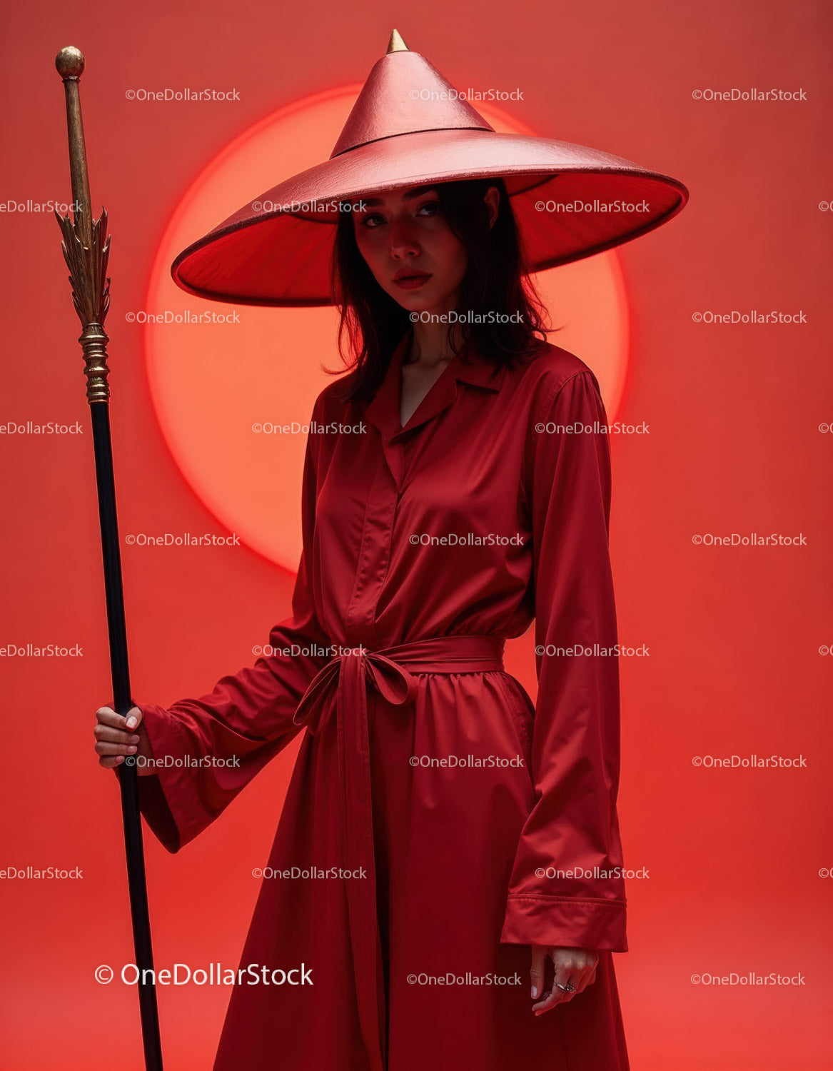 Elegant Woman in Red Dress with Accessories Against Red Background