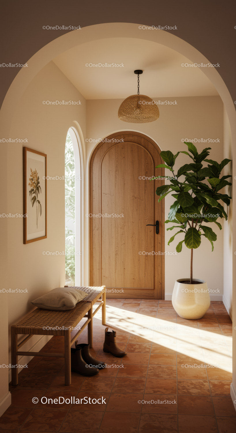 Cozy entryway with wooden door and natural light