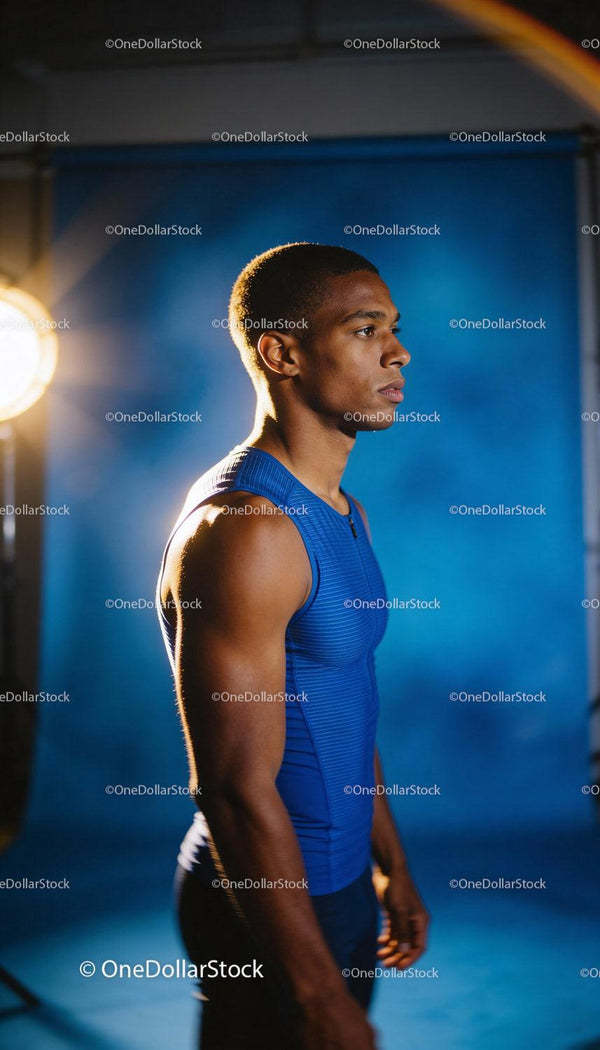 Focused athlete preparing for competition in blue sportswear